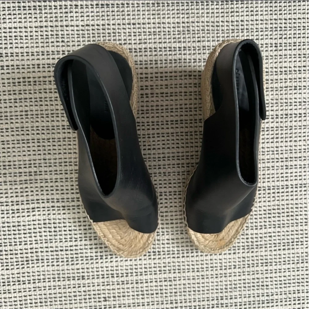 CELINE Calfskin Espadrille Wedge Sandals Black/Natural Size 35